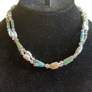 Artisan Millefiori Glass Magnetic Infinity Necklace 32” Boho Crystal look Beads